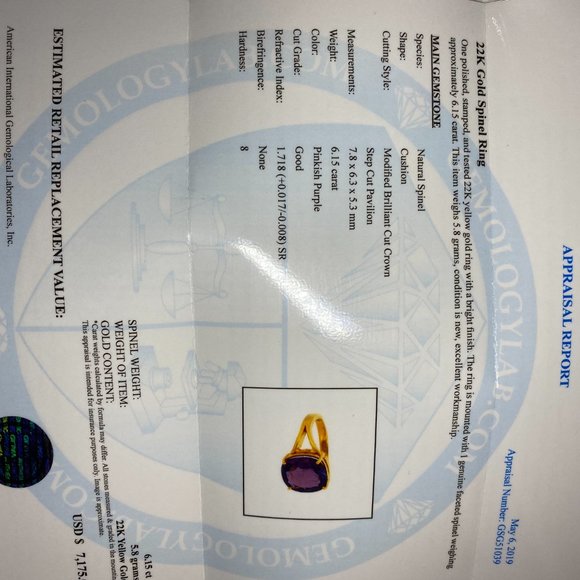 Certified Spinel 6.15ct Solid 22K Yellow Gold Ring - Picture 8 of 8